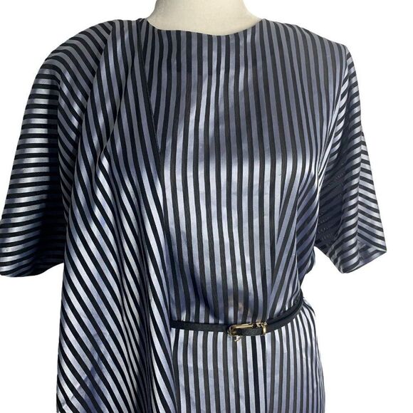 Vintage 80s Slightly Sheer Midi Dress M Blue Stripe Dolman Sleeve Side Ruffle - Picture 2 of 7